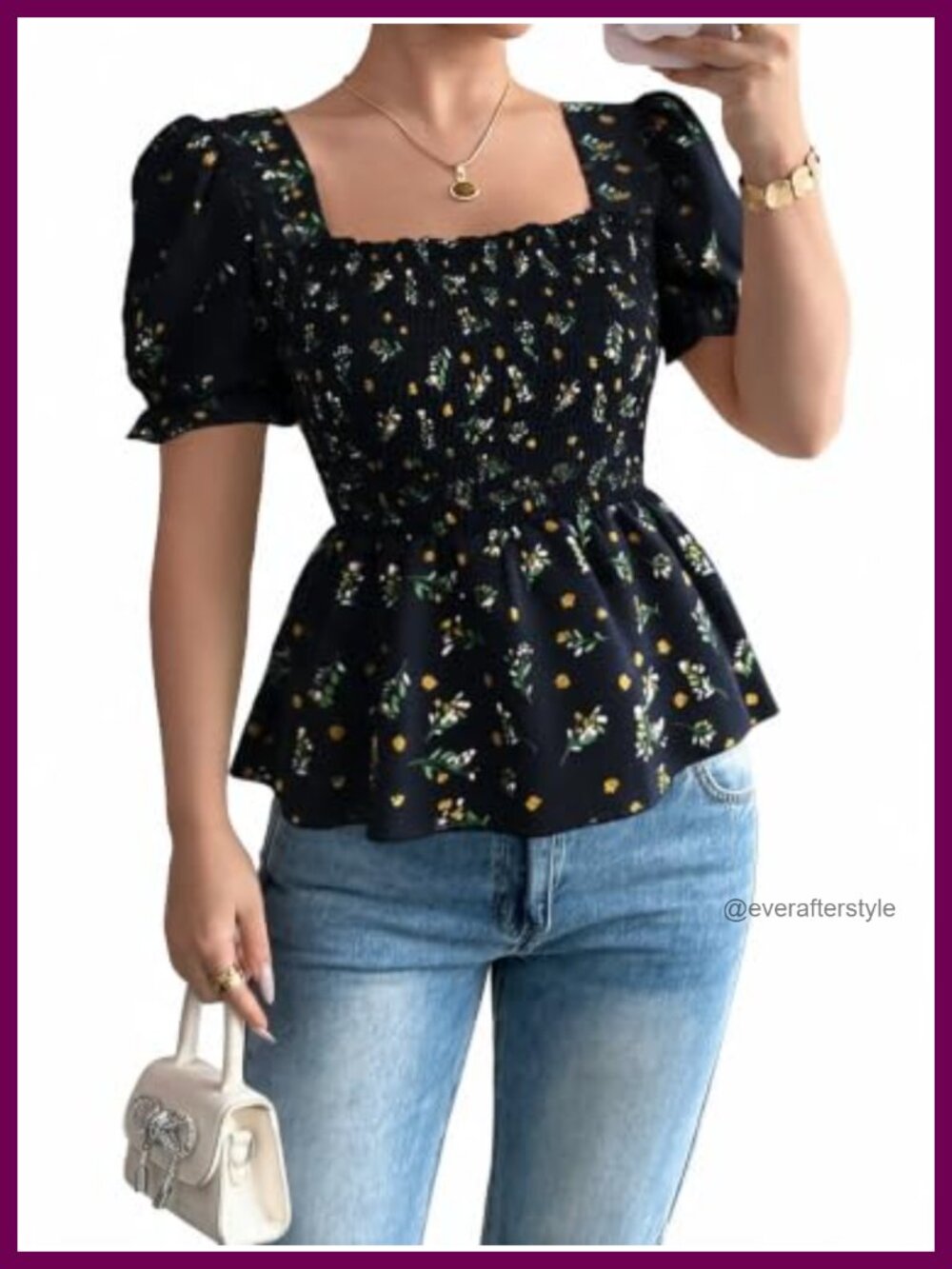 Smocked Babydoll Peplum Blouse Square Neck Puff Sleeve Top